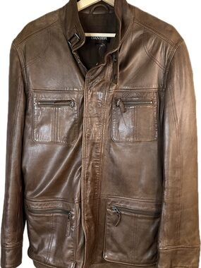 Danier Brown Leather Long  Bomber-Style Zip Jacket
